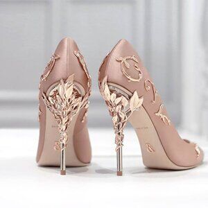 Ralph and Russo Pink Satin Eden Pumps With Rose Gold Leaves